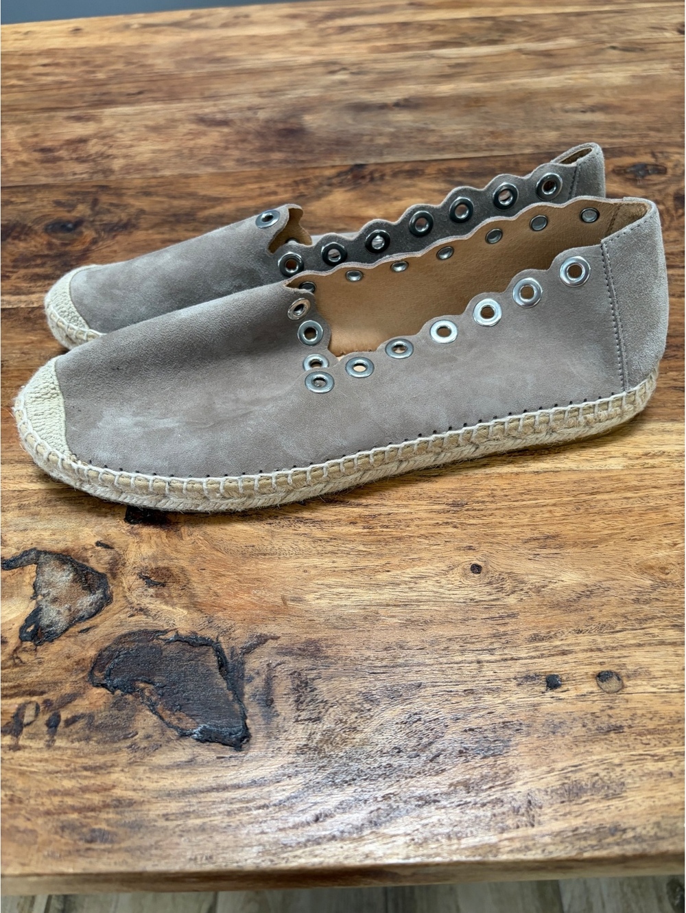 Diane B. Taupe Suede Espadrille Flats with Eyelet Detailing, Size 7